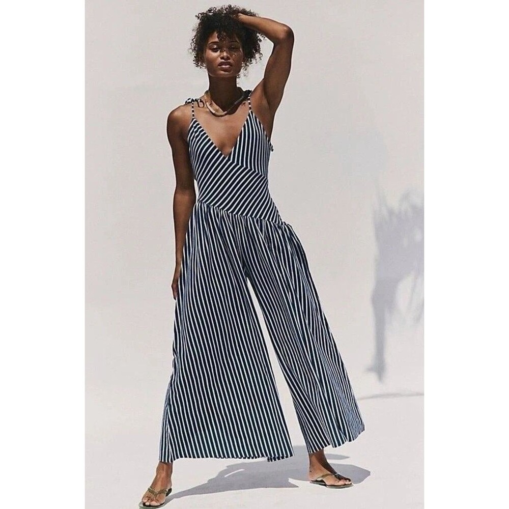 Free People Free-est Loen One Piece Jumpsuit Dress Striped Print Blue XS 289724